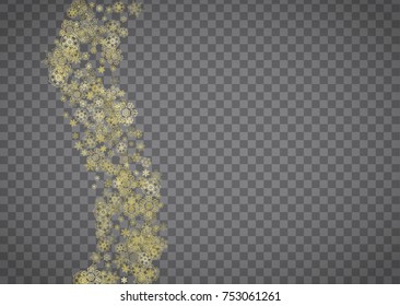 Isolated snowflakes on horizontal transparent grey background. Gold glitter snow. Winter sales, Christmas and New Year design for party invitation, banner, sale. Magic crystal isolated snowflakes.