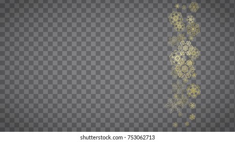 Isolated snowflakes on horizontal transparent grey background. Gold glitter snow. Winter sales, Christmas and New Year design for party invitation, banner, sale. Magic crystal isolated snowflakes.