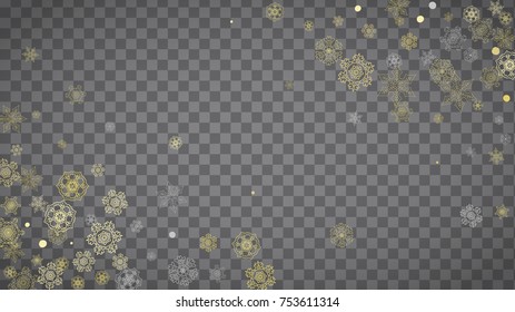 Isolated snowflakes on horizontal transparent grey background. Gold glitter snow. Winter sales, Christmas and New Year design for party invitation, banner, sale. Magic crystal isolated snowflakes.