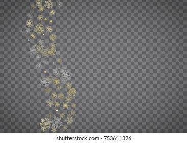 Isolated snowflakes on horizontal transparent grey background. Gold glitter snow. Winter sales, Christmas and New Year design for party invitation, banner, sale. Magic crystal isolated snowflakes.