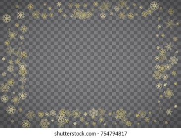 Isolated snowflakes on horizontal transparent grey background. Gold glitter snow. Winter sales, Christmas and New Year design for party invitation, banner, sale. Magic crystal isolated snowflakes.