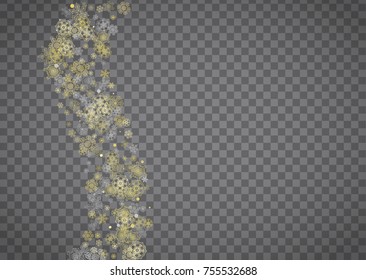 Isolated snowflakes on horizontal transparent grey background. Gold glitter snow. Winter sales, Christmas and New Year design for party invitation, banner, sale. Magic crystal isolated snowflakes.