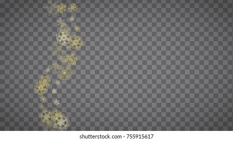 Isolated snowflakes on horizontal transparent grey background. Gold glitter snow. Winter sales, Christmas and New Year design for party invitation, banner, sale. Magic crystal isolated snowflakes.