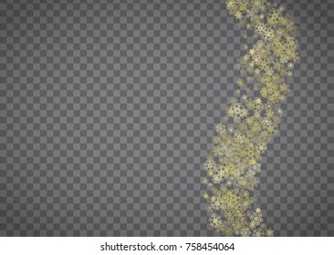 Isolated snowflakes on horizontal transparent grey background. Gold glitter snow. Winter sales, Christmas and New Year design for party invitation, banner, sale. Magic crystal isolated snowflakes.