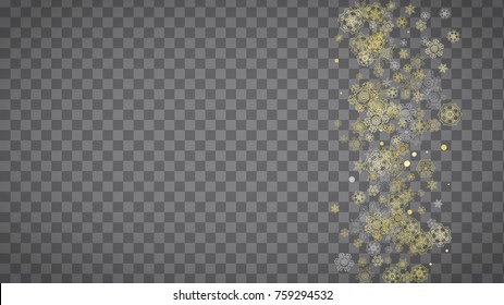 Isolated snowflakes on horizontal transparent grey background. Gold glitter snow. Winter sales, Christmas and New Year design for party invitation, banner, sale. Magic crystal isolated snowflakes.