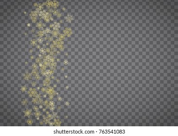 Isolated snowflakes on horizontal transparent grey background. Gold glitter snow. Winter sales, Christmas and New Year design for party invitation, banner, sale. Magic crystal isolated snowflakes.