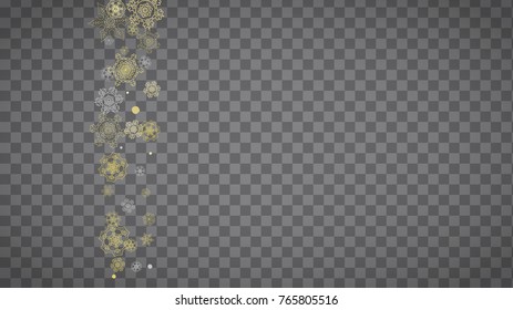 Isolated snowflakes on horizontal transparent grey background. Gold glitter snow. Winter sales, Christmas and New Year design for party invitation, banner, sale. Magic crystal isolated snowflakes.