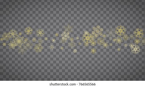 Isolated snowflakes on horizontal transparent grey background. Gold glitter snow. Winter sales, Christmas and New Year design for party invitation, banner, sale. Magic crystal isolated snowflakes.