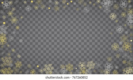 Isolated snowflakes on horizontal transparent grey background. Gold glitter snow. Winter sales, Christmas and New Year design for party invitation, banner, sale. Magic crystal isolated snowflakes.