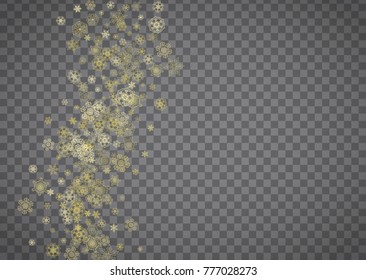 Isolated snowflakes on horizontal transparent grey background. Gold glitter snow. Winter sales, Christmas and New Year design for party invitation, banner, sale. Magic crystal isolated snowflakes.