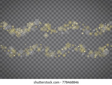 Isolated snowflakes on horizontal transparent grey background. Gold glitter snow. Winter sales, Christmas and New Year design for party invitation, banner, sale. Magic crystal isolated snowflakes.