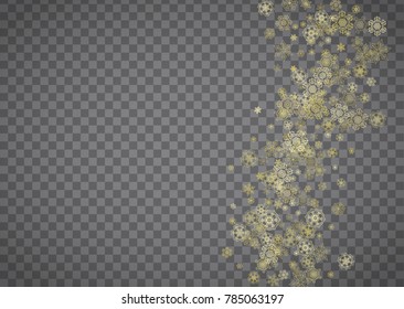 Isolated snowflakes on horizontal transparent grey background. Gold glitter snow. Winter sales, Christmas and New Year design for party invitation, banner, sale. Magic crystal isolated snowflakes.