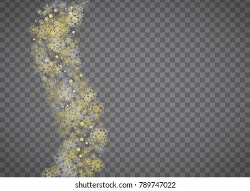 Isolated snowflakes on horizontal transparent grey background. Gold glitter snow. Winter sales, Christmas and New Year design for party invitation, banner, sale. Magic crystal isolated snowflakes.