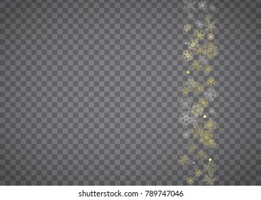 Isolated snowflakes on horizontal transparent grey background. Gold glitter snow. Winter sales, Christmas and New Year design for party invitation, banner, sale. Magic crystal isolated snowflakes.