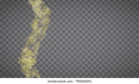 Isolated snowflakes on horizontal transparent grey background. Gold glitter snow. Winter sales, Christmas and New Year design for party invitation, banner, sale. Magic crystal isolated snowflakes.