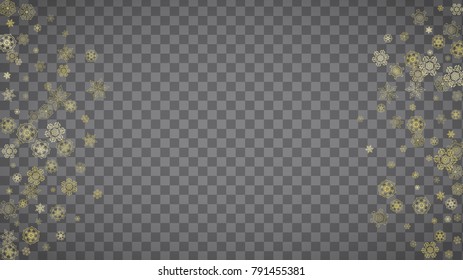Isolated snowflakes on horizontal transparent grey background. Gold glitter snow. Winter sales, Christmas and New Year design for party invitation, banner, sale. Magic crystal isolated snowflakes.