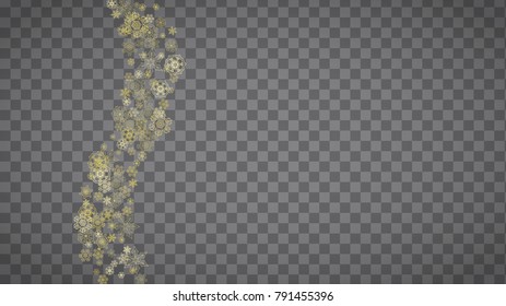 Isolated snowflakes on horizontal transparent grey background. Gold glitter snow. Winter sales, Christmas and New Year design for party invitation, banner, sale. Magic crystal isolated snowflakes.