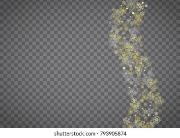 Isolated snowflakes on horizontal transparent grey background. Gold glitter snow. Winter sales, Christmas and New Year design for party invitation, banner, sale. Magic crystal isolated snowflakes.