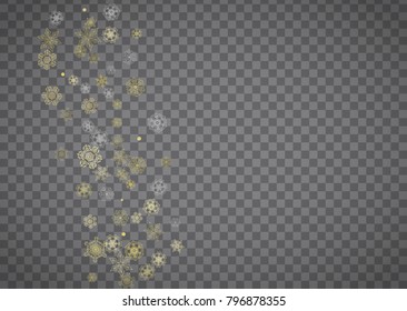 Isolated snowflakes on horizontal transparent grey background. Gold glitter snow. Winter sales, Christmas and New Year design for party invitation, banner, sale. Magic crystal isolated snowflakes.