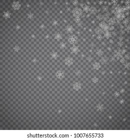 Isolated snowflakes on transparent grey background. Silver glitter snow. Winter sale, Christmas and New Year design for party invitation, banner, sale. Winter window. Magic crystal isolated snowflakes