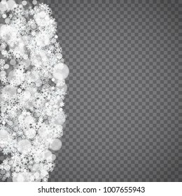 Isolated snowflakes on transparent grey background. Winter sales, Christmas and New Year design for party invitation, banner, sale. Winter snow window. Magic crystal isolated snowflakes. Silver flakes