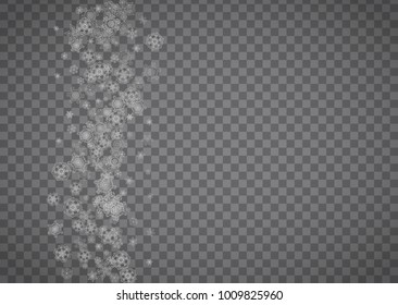 Isolated snowflakes on transparent grey background. Silver glitter snow. Horizontal Christmas and New Year design for party invitation, banner, sale. Winter window. Magic crystal isolated snowflakes