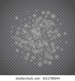 Isolated snowflakes on transparent grey background. Silver glitter snow. Winter sale, Christmas and New Year design for party invitation, banner, sale. Winter window. Magic crystal isolated snowflakes