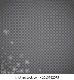 Isolated snowflakes on transparent grey background. Silver glitter snow. Winter sale, Christmas and New Year design for party invitation, banner, sale. Winter window. Magic crystal isolated snowflakes