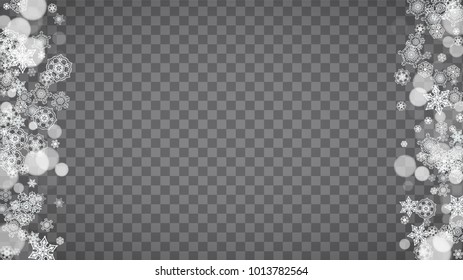 Isolated snowflakes on transparent grey background. Winter sales, Christmas and New Year design for party invitation, banner, sale. Horizontal winter window. Magic isolated snowflakes. Silver flakes