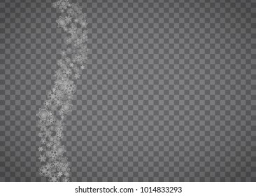 Isolated snowflakes on transparent grey background. Silver glitter snow. Horizontal Christmas and New Year design for party invitation, banner, sale. Winter window. Magic crystal isolated snowflakes
