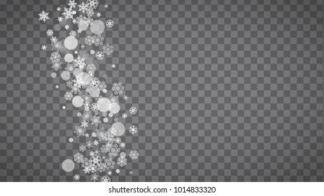 Isolated snowflakes on transparent grey background. Winter sales, Christmas and New Year design for party invitation, banner, sale. Horizontal winter window. Magic isolated snowflakes. Silver flakes