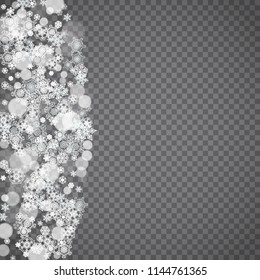 Isolated snowflakes on transparent grey background. Winter sales, Christmas and New Year design for party invitation, banner, sale. Winter snow window. Magic crystal isolated snowflakes. Silver flakes