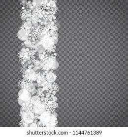 Isolated snowflakes on transparent grey background. Winter sales, Christmas and New Year design for party invitation, banner, sale. Winter snow window. Magic crystal isolated snowflakes. Silver flakes