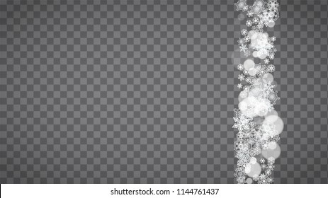 Isolated snowflakes on transparent grey background. Winter sales, Christmas and New Year design for party invitation, banner, sale. Horizontal winter window. Magic isolated snowflakes. Silver flakes