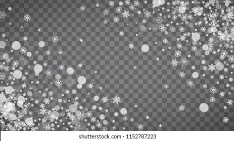 Isolated snowflakes on transparent grey background. Winter sales, Christmas and New Year design for party invitation, banner, sale. Horizontal winter window. Magic isolated snowflakes. Silver flakes