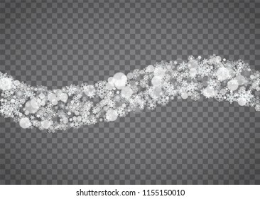 Isolated snowflakes on transparent grey background. Winter sales, Christmas and New Year design for party invitation, banner, sale. Horizontal winter window. Magic isolated snowflakes. Silver flakes