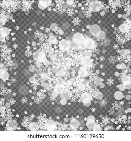 Isolated snowflakes on transparent grey background. Winter sales, Christmas and New Year design for party invitation, banner, sale. Winter snow window. Magic crystal isolated snowflakes. Silver flakes