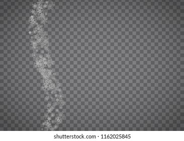 Isolated snowflakes on transparent grey background. Silver glitter snow. Horizontal Christmas and New Year design for party invitation, banner, sale. Winter window. Magic crystal isolated snowflakes