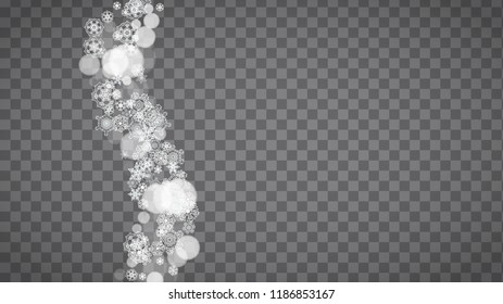 Isolated snowflakes on transparent grey background. Winter sales, Christmas and New Year design for party invitation, banner, sale. Horizontal winter window. Magic isolated snowflakes. Silver flakes