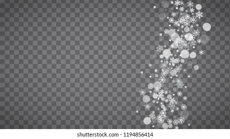 Isolated snowflakes on transparent grey background. Winter sales, Christmas and New Year design for party invitation, banner, sale. Horizontal winter window. Magic isolated snowflakes. Silver flakes