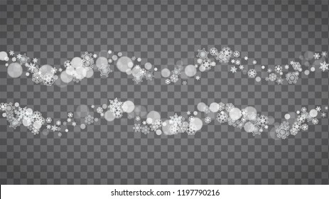 Isolated snowflakes on transparent grey background. Winter sales, Christmas and New Year design for party invitation, banner, sale. Horizontal winter window. Magic isolated snowflakes. Silver flakes