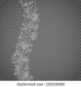 Isolated snowflakes on transparent grey background. Silver glitter snow. Winter sale, Christmas and New Year design for party invitation, banner, sale. Winter window. Magic crystal isolated snowflakes
