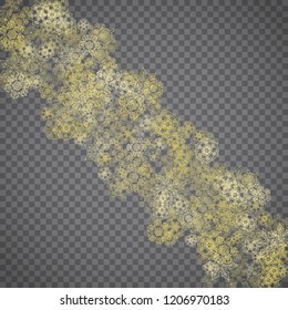 Isolated snowflakes on transparent grey background. Gold glitter snow. Winter sales, Christmas and New Year design for party invitation, banner, sale. Winter window. Magic crystal isolated snowflakes.
