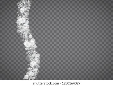 Isolated snowflakes on transparent grey background. Winter sales, Christmas and New Year design for party invitation, banner, sale. Horizontal winter window. Magic isolated snowflakes. Silver flakes