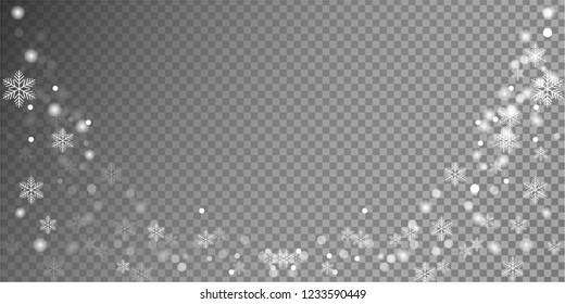 Isolated snowflakes on transparent grey background. Winter sales, Christmas and New Year design for party invitation, banner, sale. Horizontal winter window. Magic isolated snowflakes. Silver flakes.