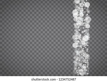 Isolated snowflakes on transparent grey background. Winter sales, Christmas and New Year design for party invitation, banner, sale. Horizontal winter window. Magic isolated snowflakes. Silver flakes