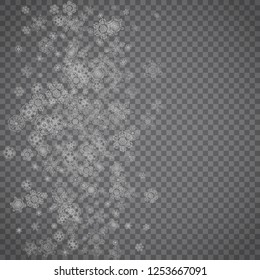 Isolated snowflakes on transparent grey background. Silver glitter snow. Winter sale, Christmas and New Year design for party invitation, banner, sale. Winter window. Magic crystal isolated snowflakes