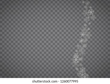 Isolated snowflakes on transparent grey background. Silver glitter snow. Horizontal Christmas and New Year design for party invitation, banner, sale. Winter window. Magic crystal isolated snowflakes