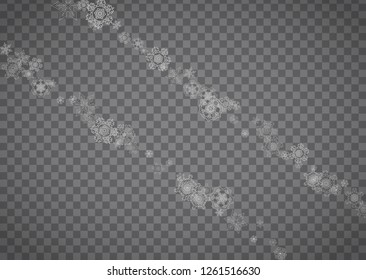 Isolated snowflakes on transparent grey background. Silver glitter snow. Horizontal Christmas and New Year design for party invitation, banner, sale. Winter window. Magic crystal isolated snowflakes