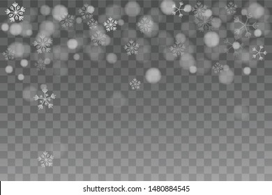 Isolated snowflakes on transparent grey background. Winter sales, Christmas and New Year design for party invitation, banner, sale. Horizontal winter window. Magic isolated snowflakes.and more.